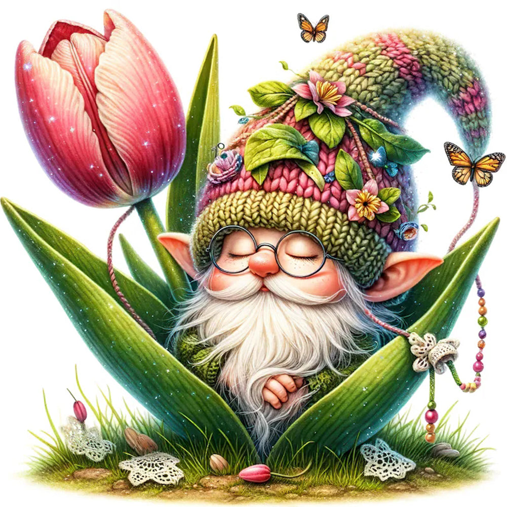 Gnome In Blooming Buds 30*30CM(Canvas) Full Round Drill Diamond Painting