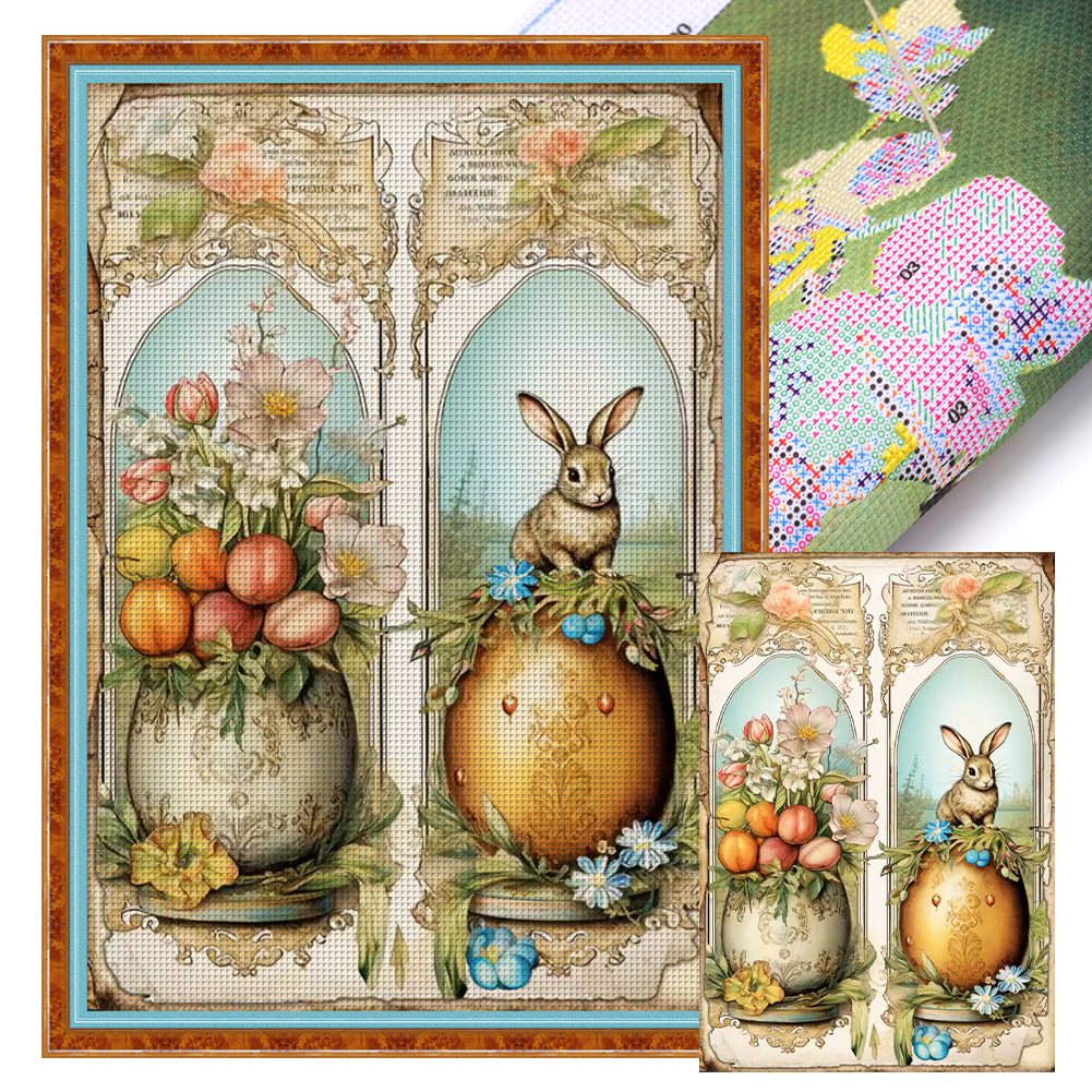 Yishu - Vintage Poster - Easter Egg And Flower Bunny - 40*60CM 11CT 3 Stamped Cross Stitch