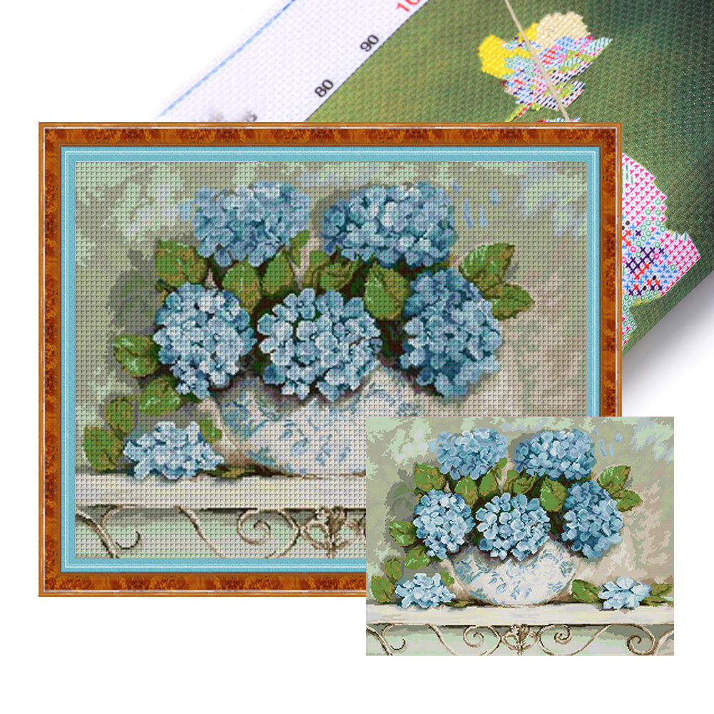 Joy Sunday - Blue Hydrangea - 58*48CM 14CT 2 Stamped Cross Stitch