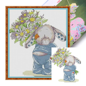 Joy Sunday - Bunny Presenting Flowers - 28*32CM 14CT 2 Stamped Cross Stitch