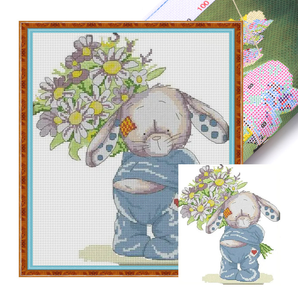 Joy Sunday - Bunny Presenting Flowers - 28*32CM 14CT 2 Stamped Cross Stitch