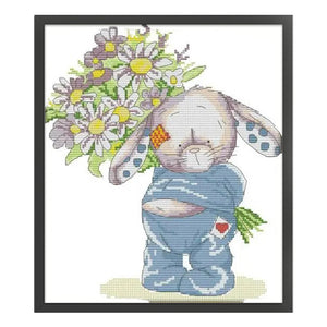 Joy Sunday - Bunny Presenting Flowers - 28*32CM 14CT 2 Stamped Cross Stitch