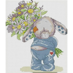 Joy Sunday - Bunny Presenting Flowers - 28*32CM 14CT 2 Stamped Cross Stitch