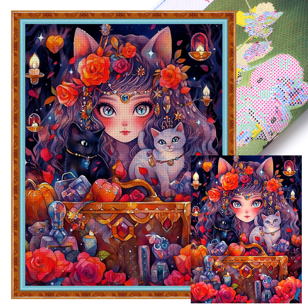 Yishu - Cat Girl - 50*65CM 11CT 3 Stamped Cross Stitch