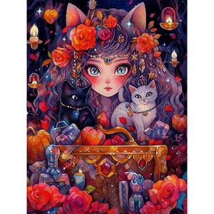 Yishu - Cat Girl - 50*65CM 11CT 3 Stamped Cross Stitch