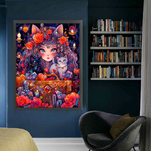 Yishu - Cat Girl - 50*65CM 11CT 3 Stamped Cross Stitch