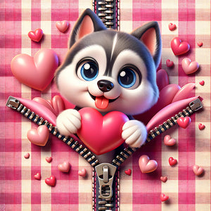 Pink Heart Puppy - Husky 30*30CM(Canvas) Full Round Drill Diamond Painting