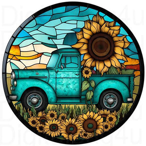 Circle-Shaped Sunflower Classic Car 30*30CM(Canvas) Full Round Drill Diamond Painting