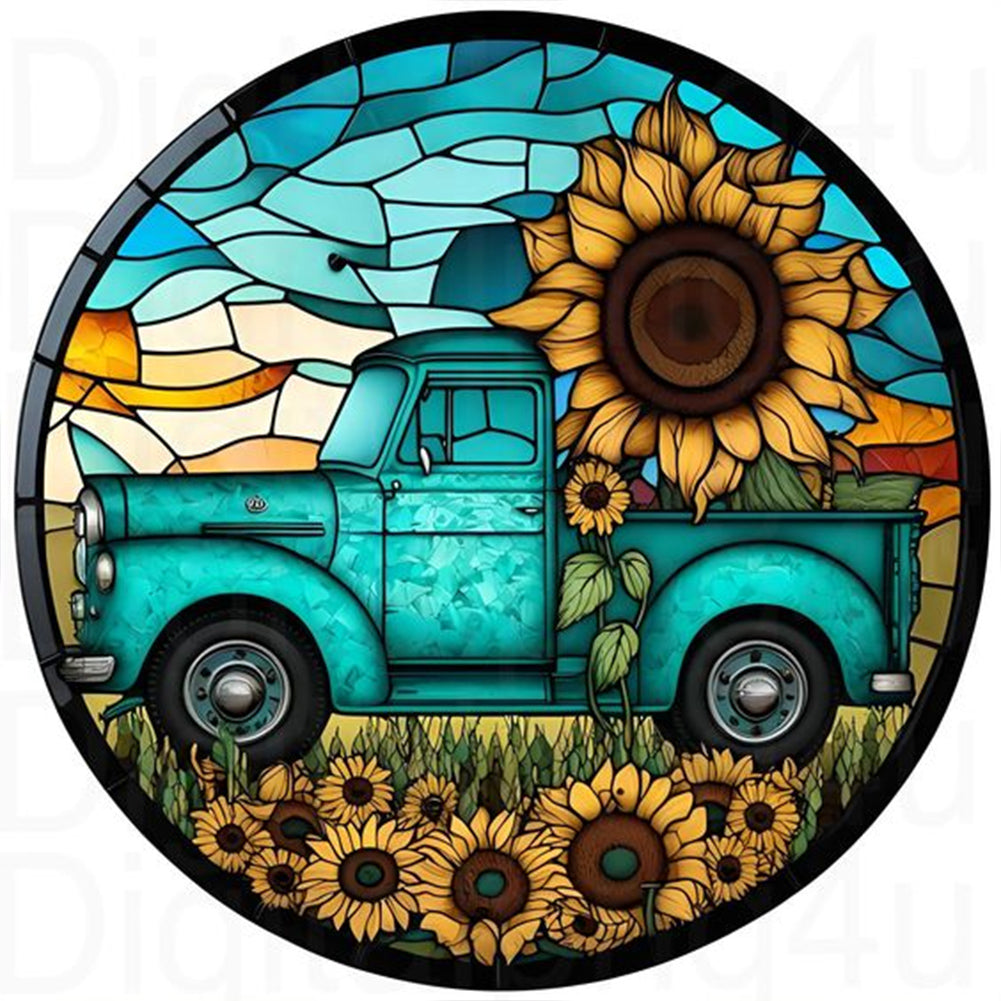 Circle-Shaped Sunflower Classic Car 30*30CM(Canvas) Full Round Drill Diamond Painting