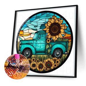 Circle-Shaped Sunflower Classic Car 30*30CM(Canvas) Full Round Drill Diamond Painting