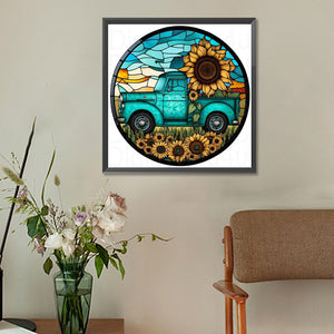 Circle-Shaped Sunflower Classic Car 30*30CM(Canvas) Full Round Drill Diamond Painting