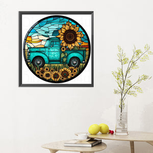 Circle-Shaped Sunflower Classic Car 30*30CM(Canvas) Full Round Drill Diamond Painting