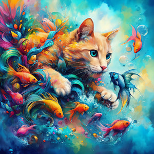 Goldfish And Orange Cat 40*40CM(Canvas) Full Round Drill Diamond Painting