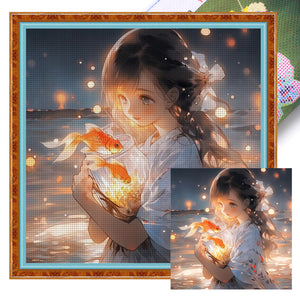 Yishu - Girl Holding A Koi Fish - 50*50CM 11CT 3 Stamped Cross Stitch