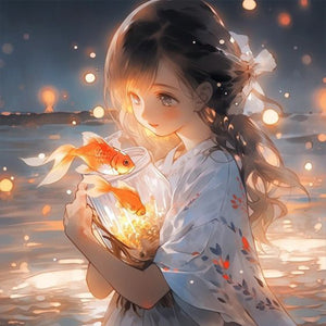 Yishu - Girl Holding A Koi Fish - 50*50CM 11CT 3 Stamped Cross Stitch