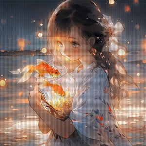 Yishu - Girl Holding A Koi Fish - 50*50CM 11CT 3 Stamped Cross Stitch