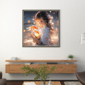 Yishu - Girl Holding A Koi Fish - 50*50CM 11CT 3 Stamped Cross Stitch