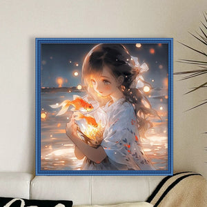 Yishu - Girl Holding A Koi Fish - 50*50CM 11CT 3 Stamped Cross Stitch