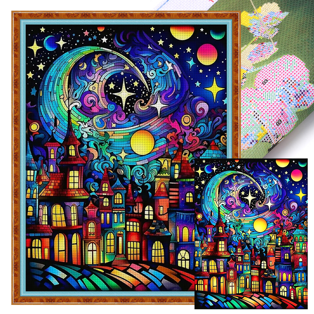 Yishu - Colorful Town Under The Stars - 45*60CM 11CT 3 Stamped Cross Stitch