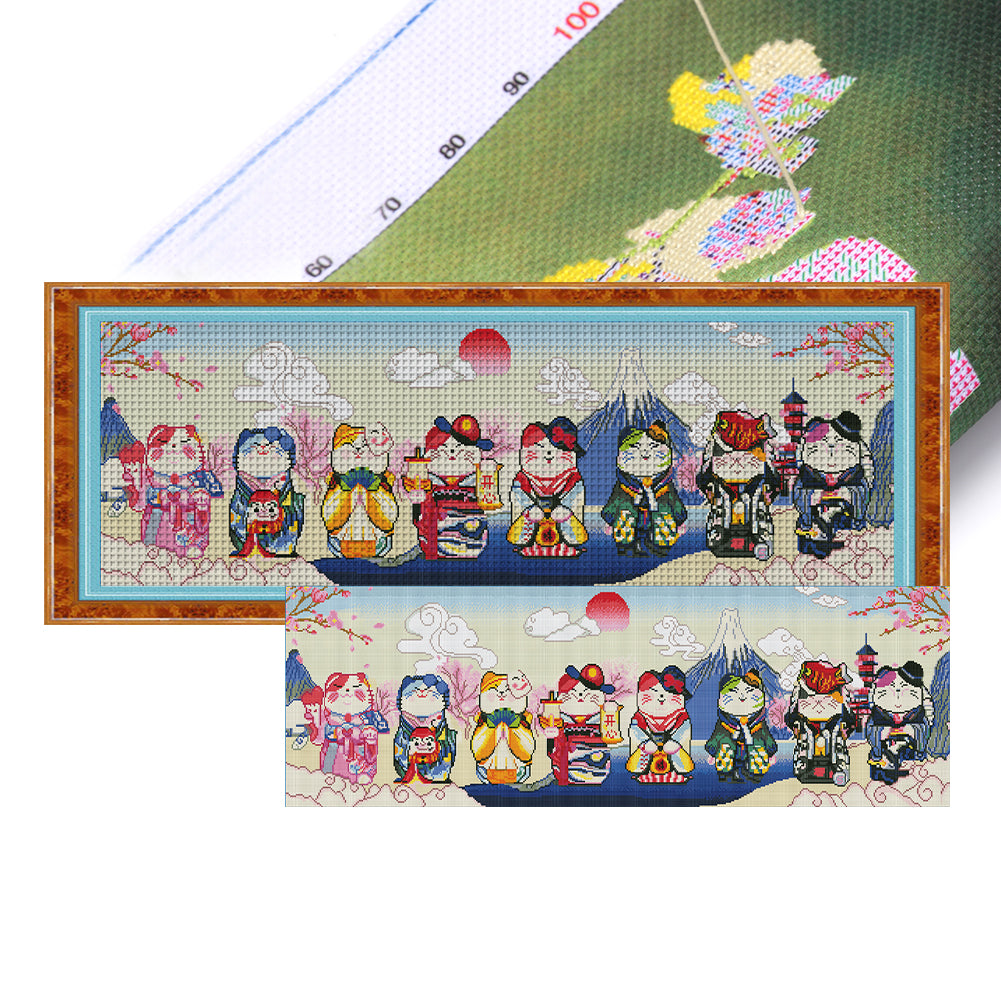 Mona Lisa Brand - Lucky Cat At The Foot Of Mount Fuji - 120*45CM 11CT 3 Stamped Cross Stitch