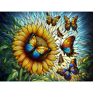 Sunflower And Butterfly Glass Painting 40*30CM(Canvas) Full Round Drill Diamond Painting