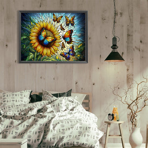 Sunflower And Butterfly Glass Painting 40*30CM(Canvas) Full Round Drill Diamond Painting