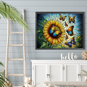 Sunflower And Butterfly Glass Painting 40*30CM(Canvas) Full Round Drill Diamond Painting