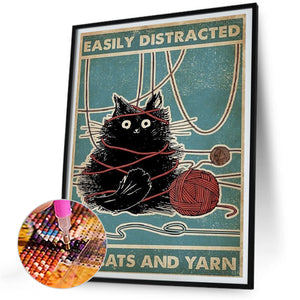 Cat And Yarn Ball Calligraphy 30*40CM(Canvas) Full Round Drill Diamond Painting