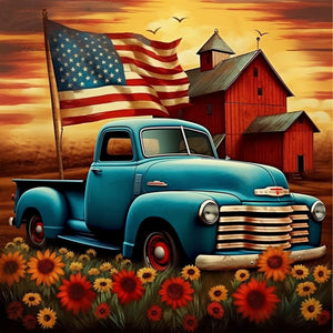 American Flag Classic Car 30*30CM(Canvas) Full Round Drill Diamond Painting