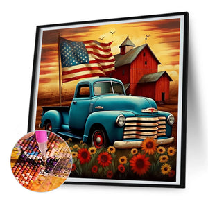 American Flag Classic Car 30*30CM(Canvas) Full Round Drill Diamond Painting