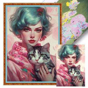 Yishu - Short-Haired Woman And Cat - 40*60CM 11CT 3 Stamped Cross Stitch