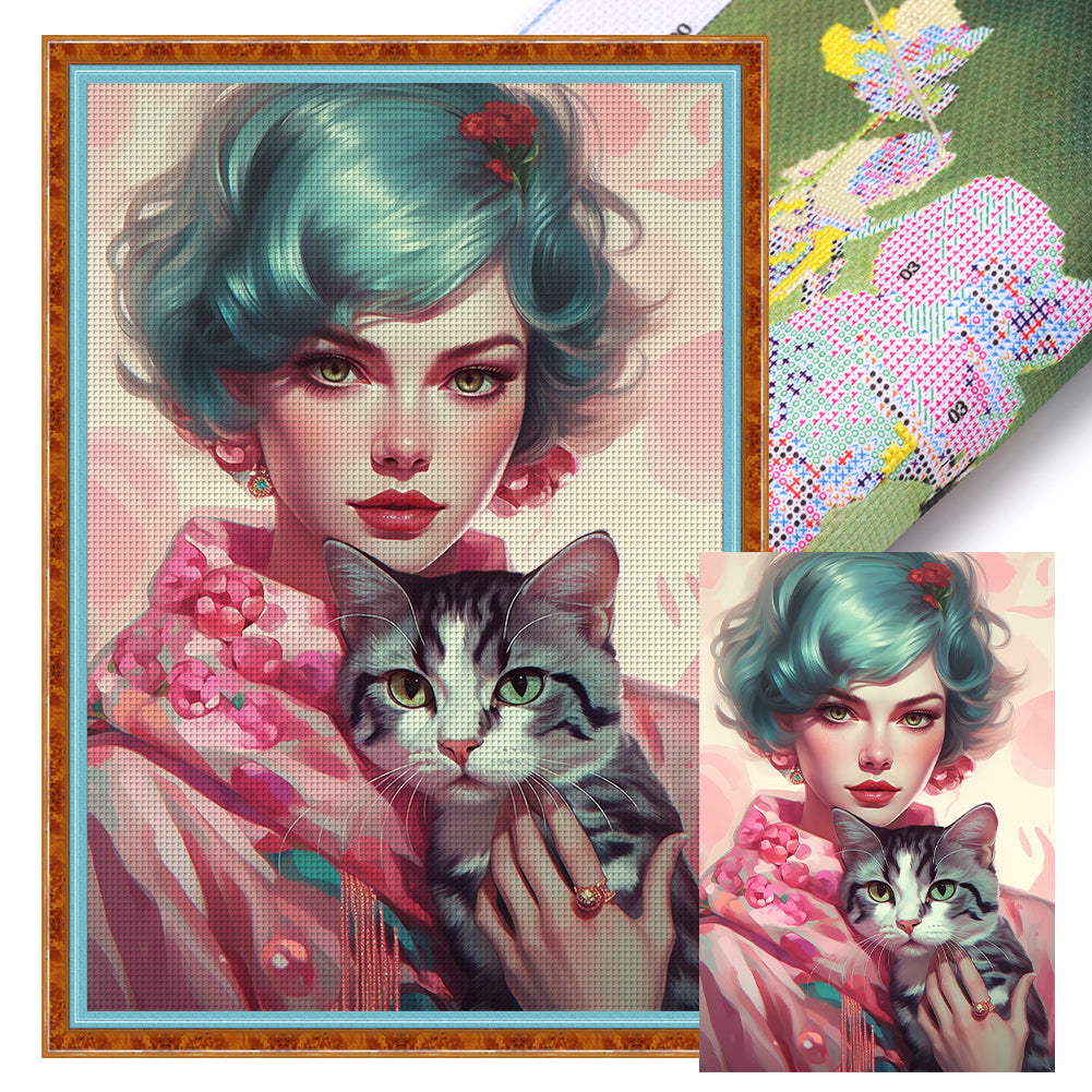 Yishu - Short-Haired Woman And Cat - 40*60CM 11CT 3 Stamped Cross Stitch