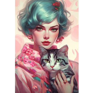 Yishu - Short-Haired Woman And Cat - 40*60CM 11CT 3 Stamped Cross Stitch
