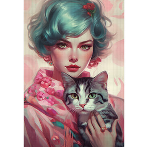 Yishu - Short-Haired Woman And Cat - 40*60CM 11CT 3 Stamped Cross Stitch
