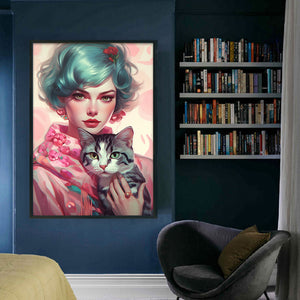 Yishu - Short-Haired Woman And Cat - 40*60CM 11CT 3 Stamped Cross Stitch