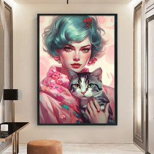 Yishu - Short-Haired Woman And Cat - 40*60CM 11CT 3 Stamped Cross Stitch