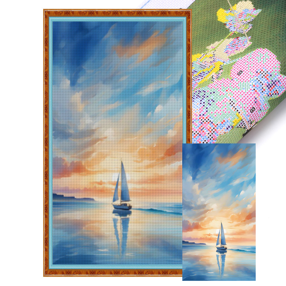 Sailing Boat On Sea At Sunset - Full 14CT Stamped Cross Stitch 40x70CM - Huacan