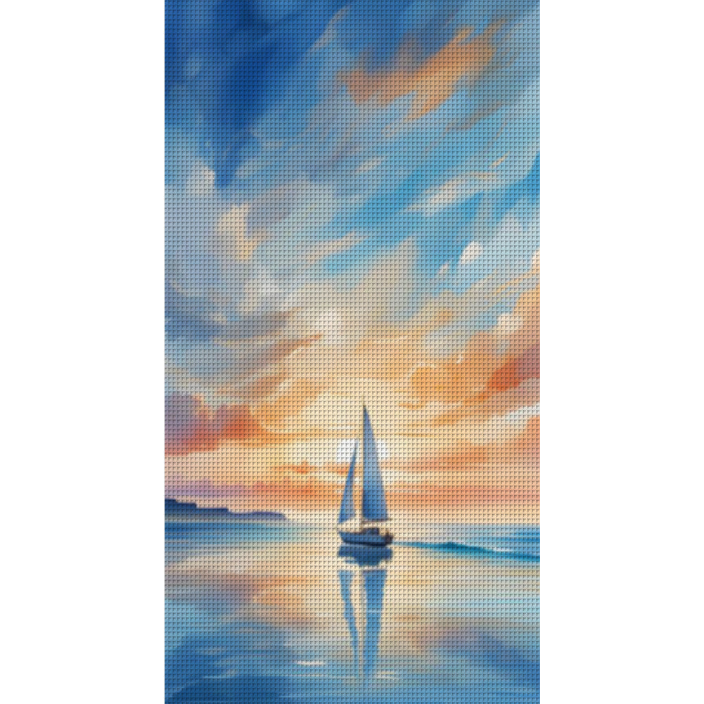 Sailing Boat On Sea At Sunset - Full 14CT Stamped Cross Stitch 40x70CM - Huacan