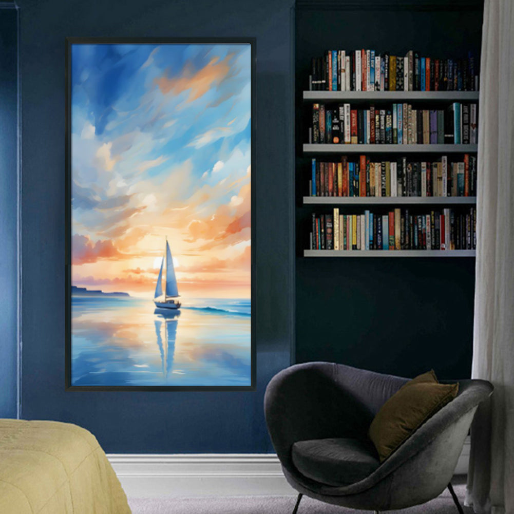 Sailing Boat On Sea At Sunset - Full 14CT Stamped Cross Stitch 40x70CM - Huacan