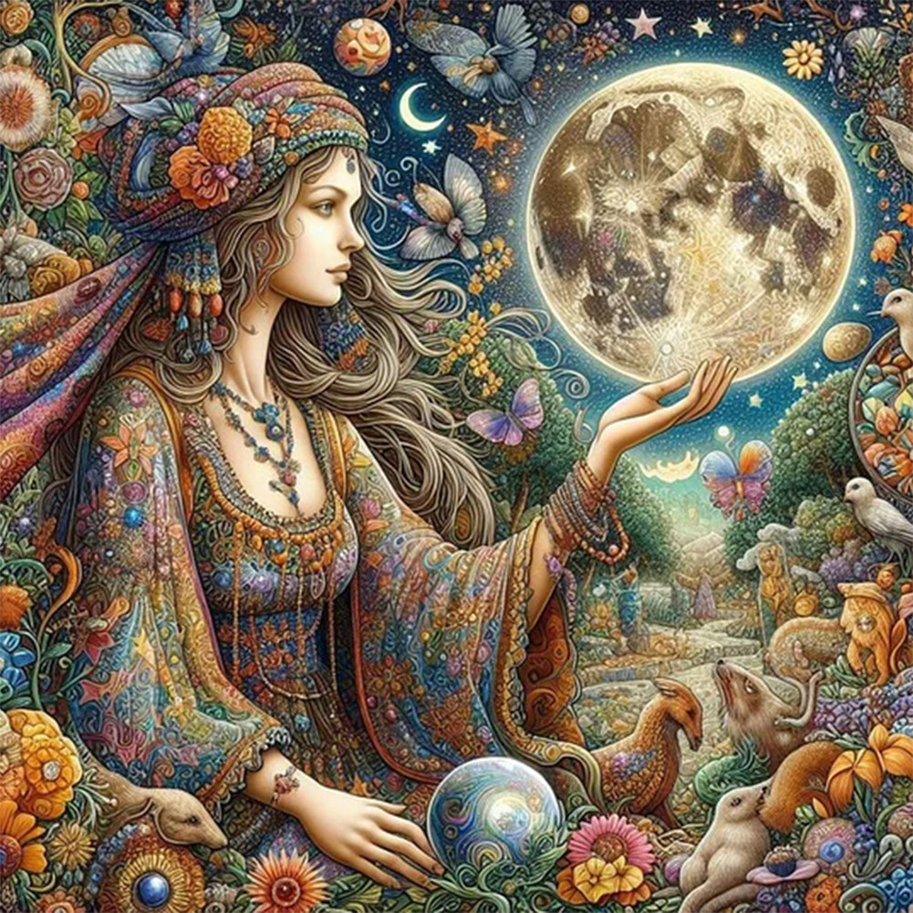 Strange Girl And The Moon 50*50CM(Canvas) Full Round Drill Diamond Painting