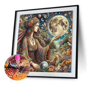 Strange Girl And The Moon 50*50CM(Canvas) Full Round Drill Diamond Painting