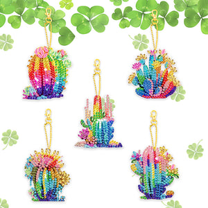 5 Pcs Double Side Cacti Diamond Art Keyring for Birthday Crafting Party Decor