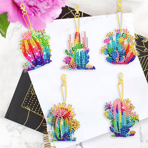 5 Pcs Double Side Cacti Diamond Art Keyring for Birthday Crafting Party Decor
