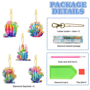 5 Pcs Double Side Cacti Diamond Art Keyring for Birthday Crafting Party Decor
