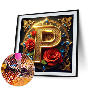 Flower Letter P 30*30CM(Canvas) Full Round Drill Diamond Painting