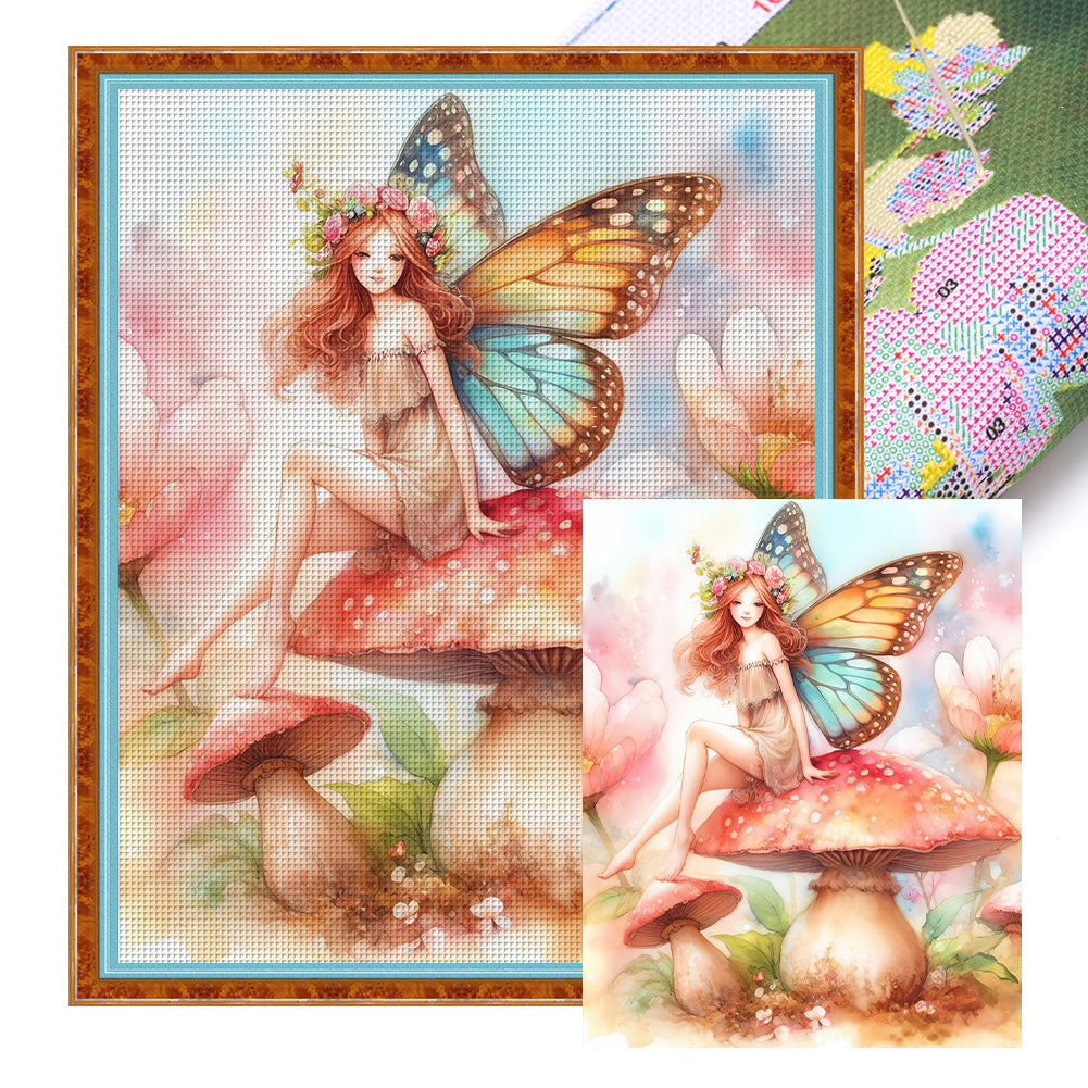 Huancan - Butterfly Fairy On The Mushroom - 50*60CM 11CT 3 Stamped Cross Stitch