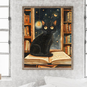 Black Cat In The Library 40*50CM(Canvas) Full Round Drill Diamond Painting