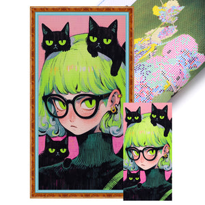 Yishu - Black Cat Girl - 40*80CM 11CT 3 Stamped Cross Stitch