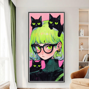 Yishu - Black Cat Girl - 40*80CM 11CT 3 Stamped Cross Stitch