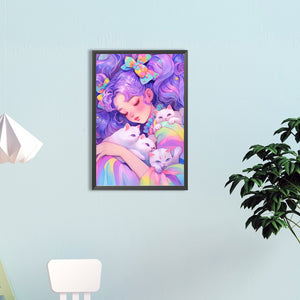 Cat And Colorful Girl 40*60CM(Canvas) Full Round Drill Diamond Painting